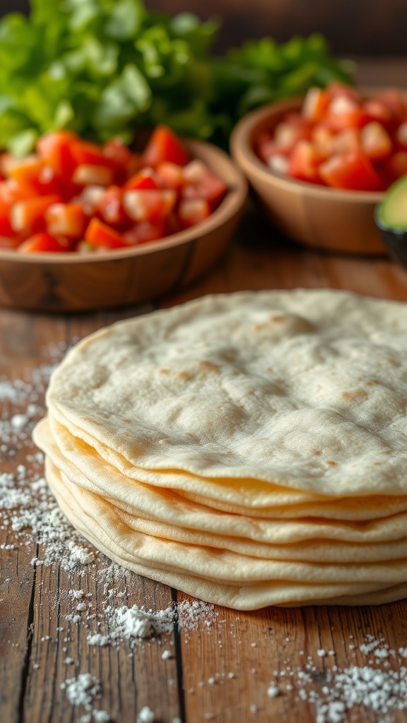 Freshly made tortillas stacked on a wooden table with taco ingredients in the background.